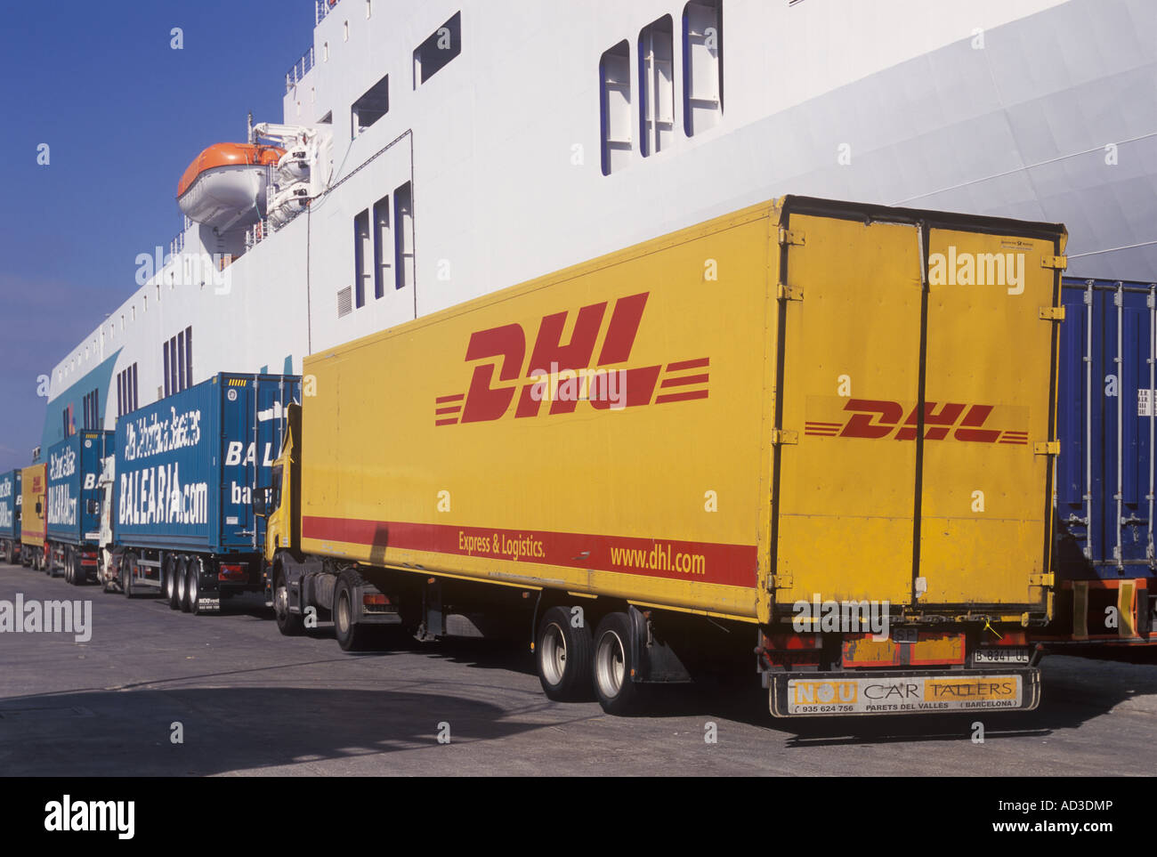 Parcel transport lorries lining up ready to embark on EUROLINEAS MARITIMAS S.A. Roll On Roll Off