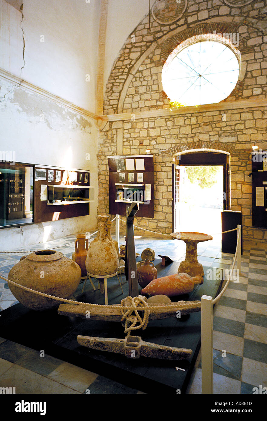 Amphorae found in the waters off Hvar, Croatia, are in the forefront of this photo of the local museum Stock Photo