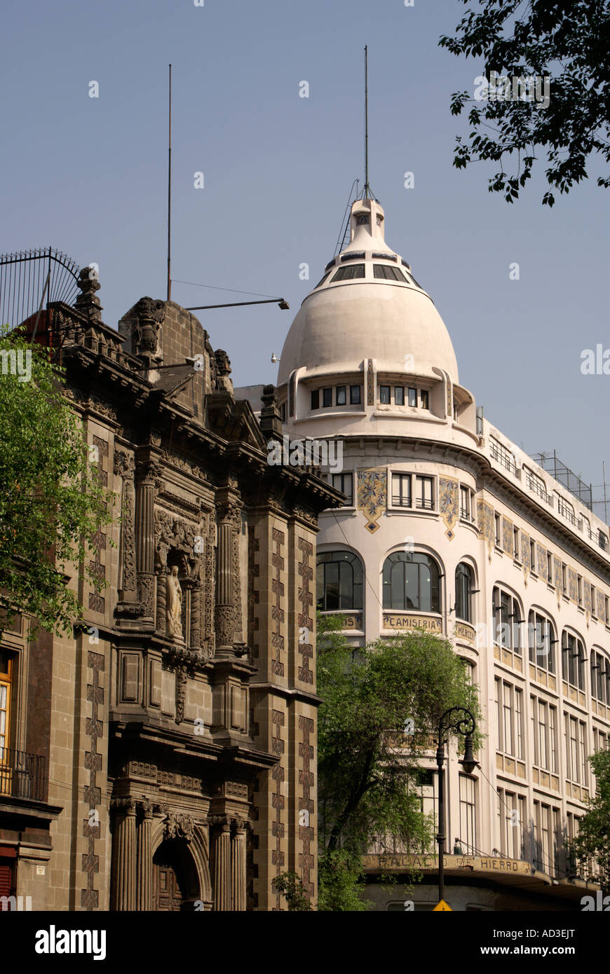 Contrasting Spanish colonial and 19th century architecture in the Centro Historico or Historic Center, Mexico City Stock Photo