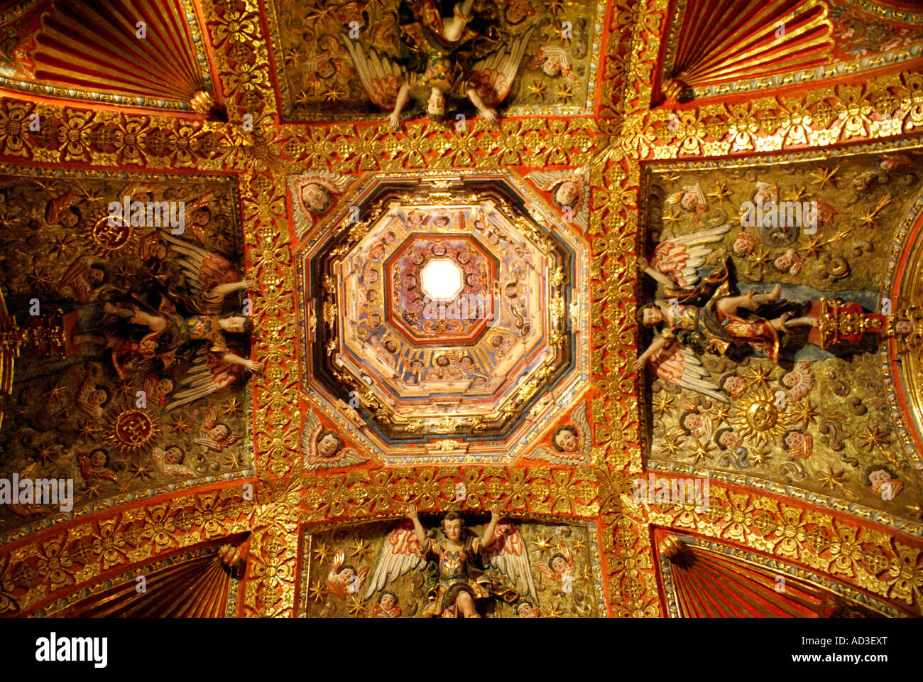 Decorated gold leaf ceiling of the Camarin de la Virgen de Loreto in the Iglesia de San Francisco Javier Church in Tepotzotlan, Mexico. Stock Photo