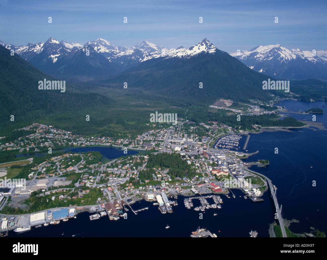 Aerial of Sitka, Baranof Island, Southeast Alaska USA 1999 Stock Photo