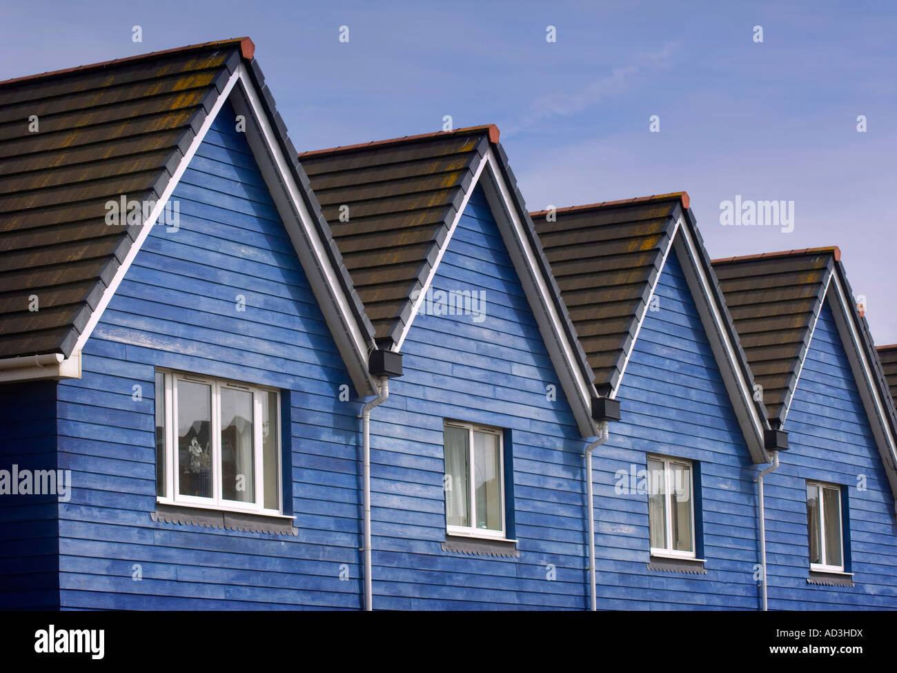 Blue weatherboarded wharf-style new build housing at a quayside development in East Sussex. UK. Stock Photo