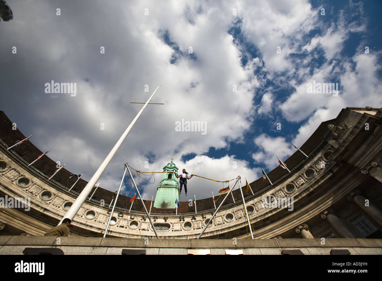 Bungee trampoline outside former County Hall, London Stock Photo Alamy