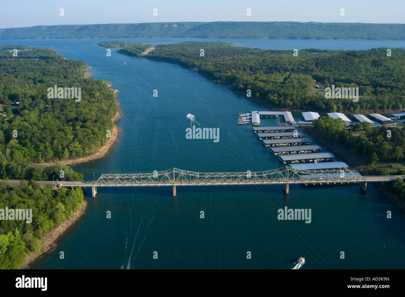 Aerial view of the Narrows Bridge on Greers Ferry Lake in the Ozarks of Arkansas USA Stock Photo