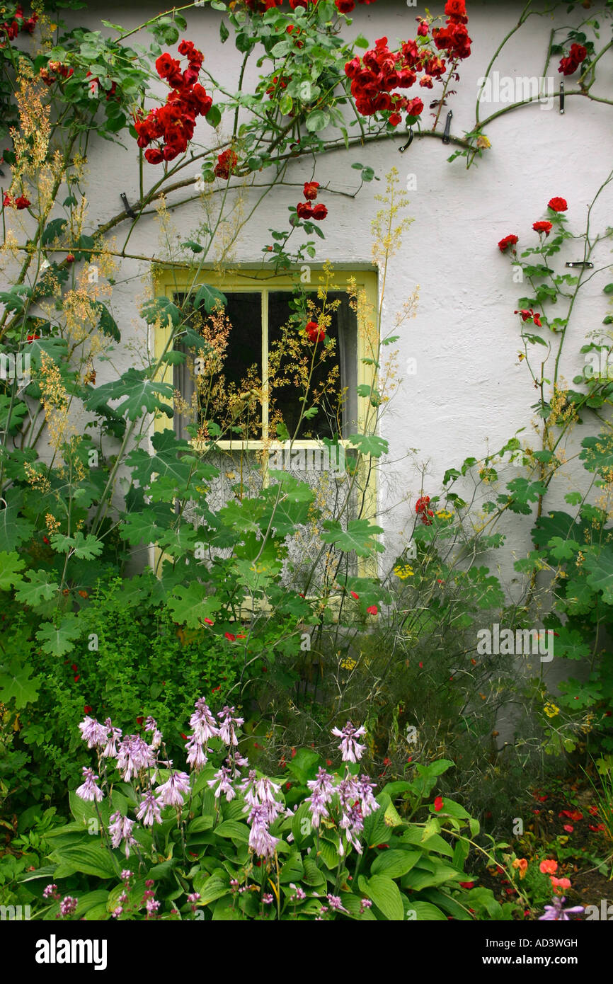 Bunratty Folk Park, County Clare, Ireland - The view from a cottage window is obscured by a wild but beautiful garden. Stock Photo