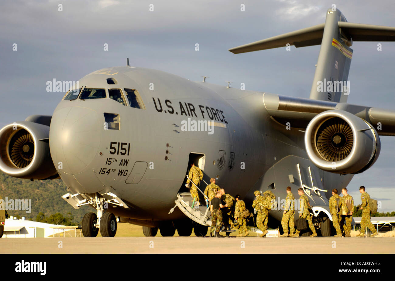 Australian Defense Forces board a C17 Globemaster III at Royal