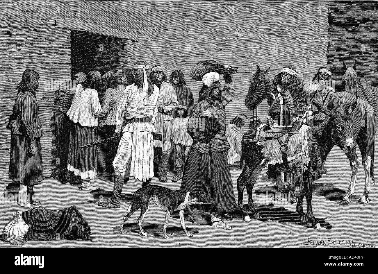 geography/travel, USA, people, Native Americans, reservation, San Carlos, Arizona, distribution of meat, engraving after Frederc Remington (1861 - 1909), Apache, famine, misery, North America, American Indians, 19th century, historic, historical, Stock Photo