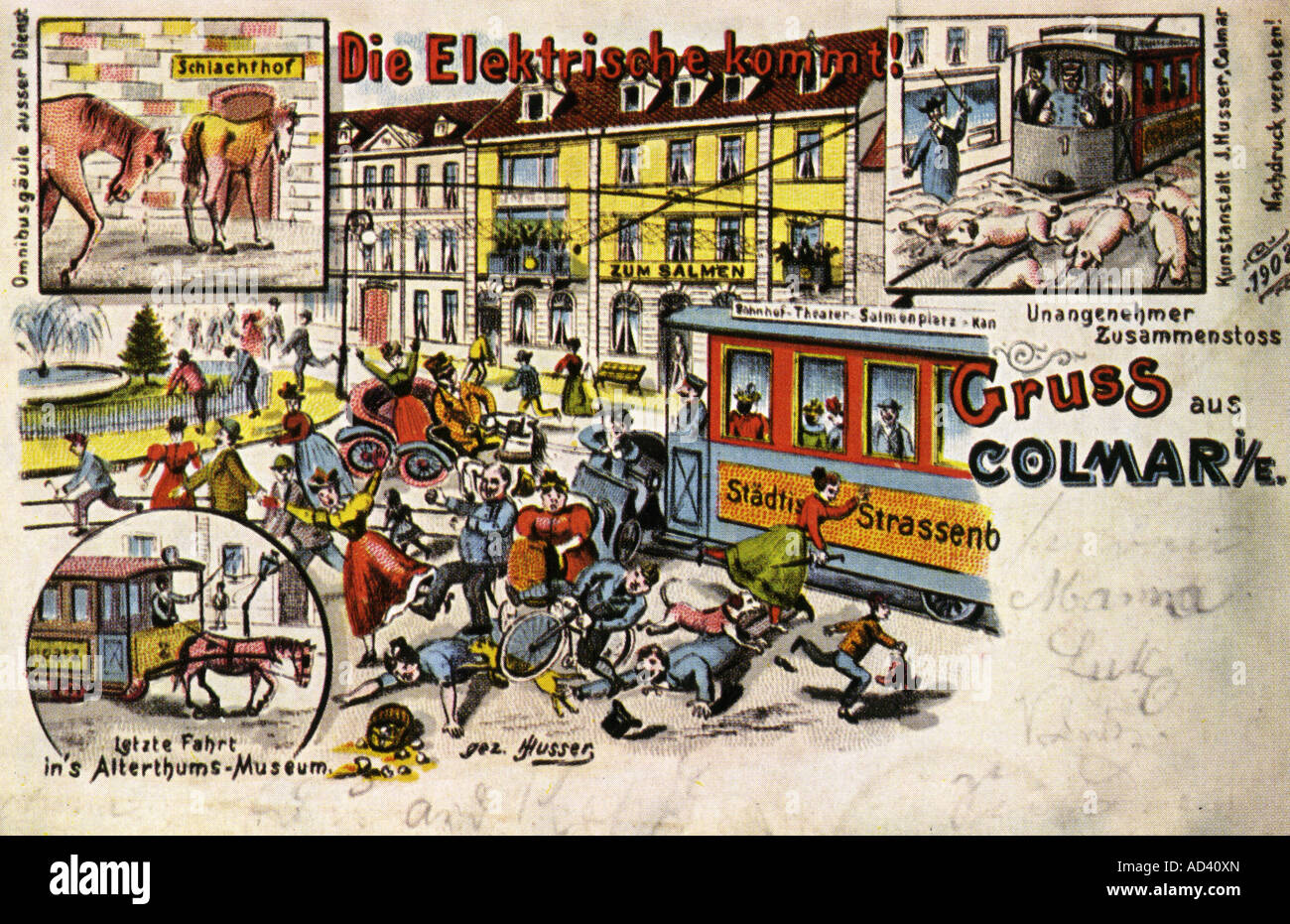 transport/transportation, public transportation, tram, caricature ont he electrification, Colmar, Alsace, circa 1900,   , Stock Photo