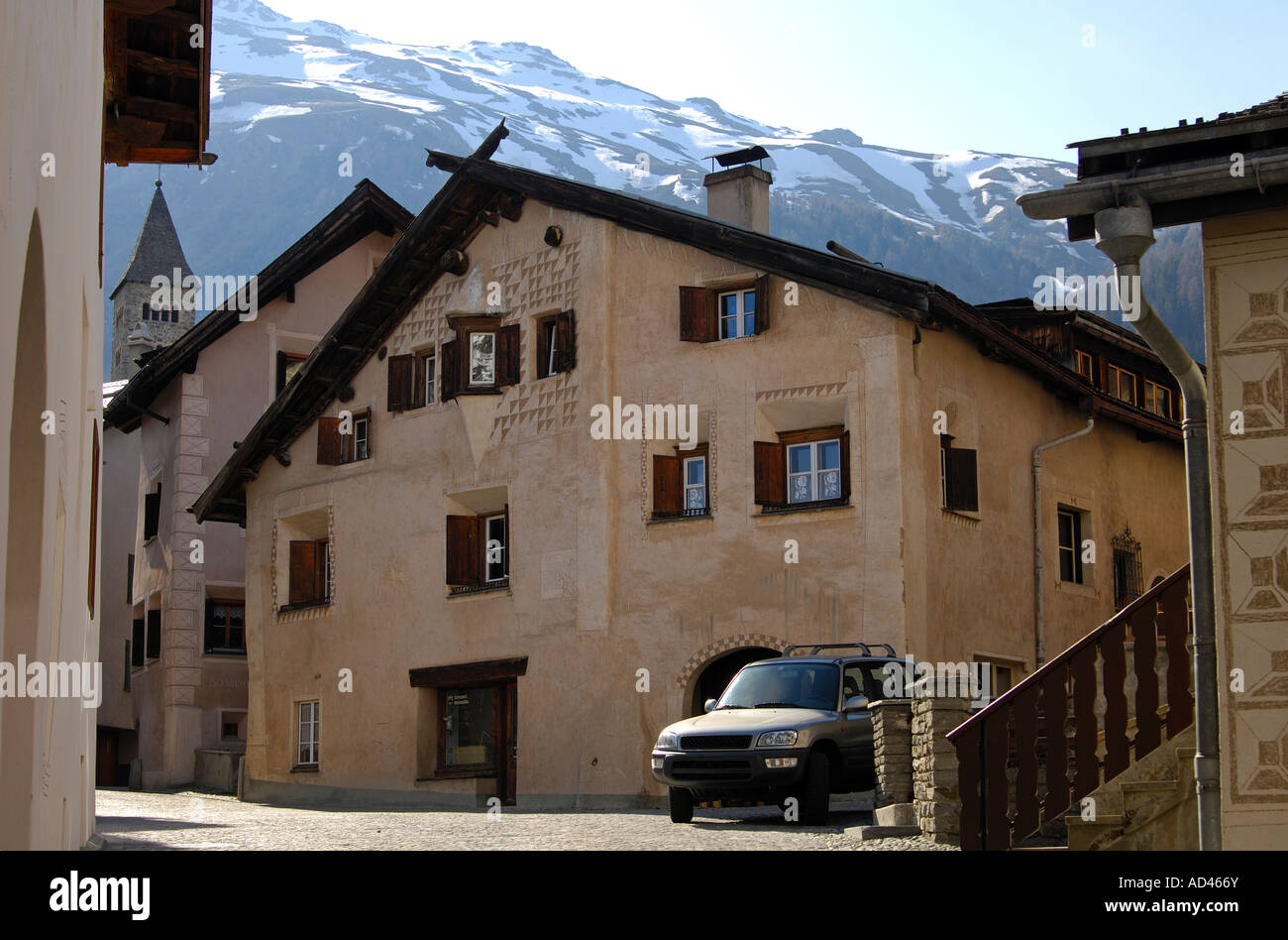 Facade of a typical Engadine house decorated with Sgraffito ornaments, Samedan, Engadin, Grisons, Switzerland Stock Photo