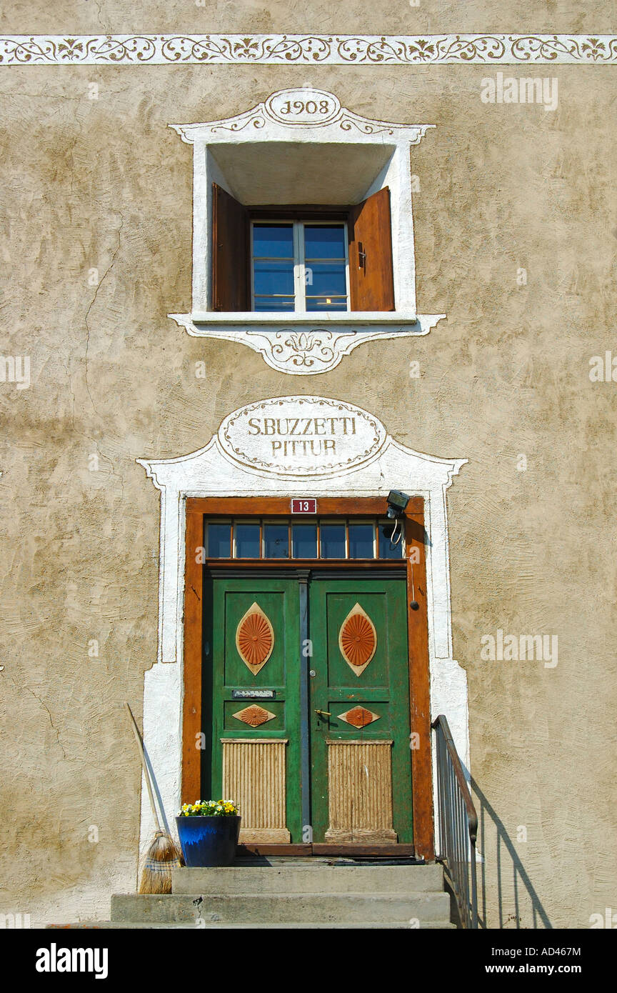 Typical Engadine house with window and door, Samedan, Engadin, Grisons, Switzerland Stock Photo