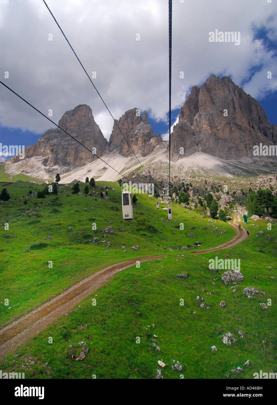 Ropeway in front of the Langkofel Group, Dolomites, South Tyrol, Italy ...