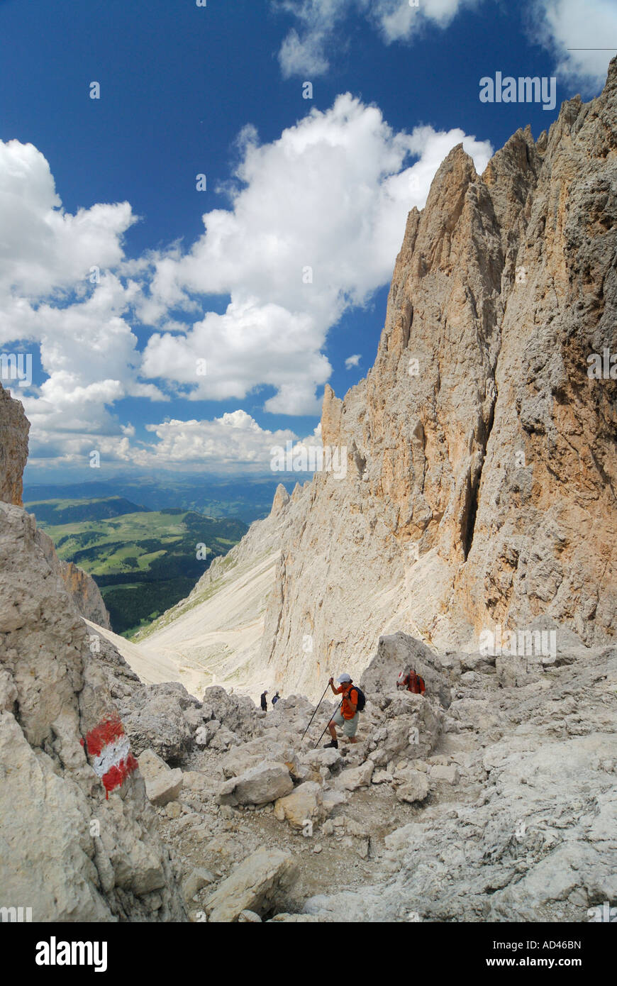 Hiking trail Langkofel Group, Dolomites, South Tyrol, Italy Stock Photo