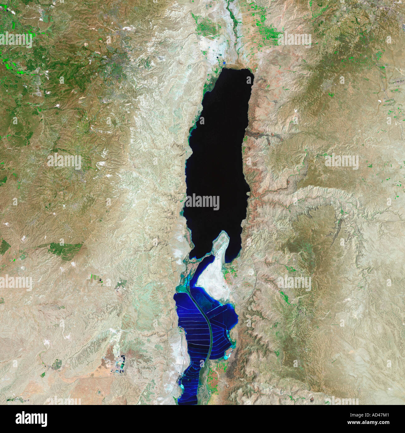 This Landsat 7 satellite image shows the entire extent of the modern Dead Sea on August 7, 1999. Stock Photo