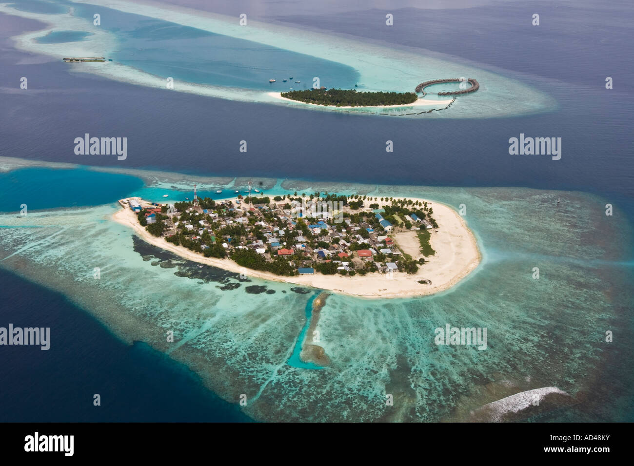 Island and the Resort Vilu Reef in the south Nilandhe atoll, the Maldives. Stock Photo