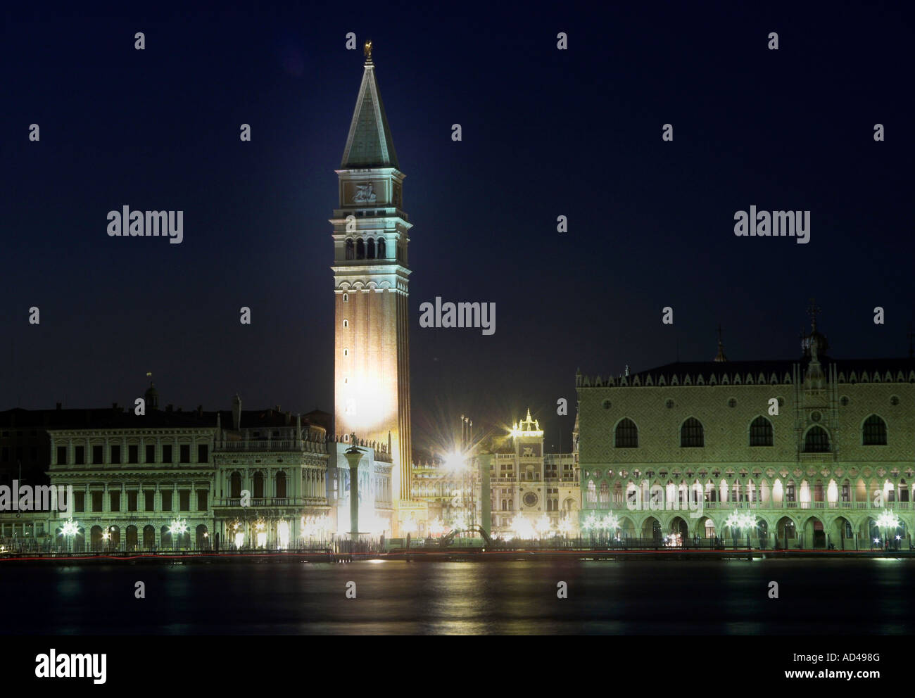Venice at Night with Campanile, Venice, Italy Stock Photo