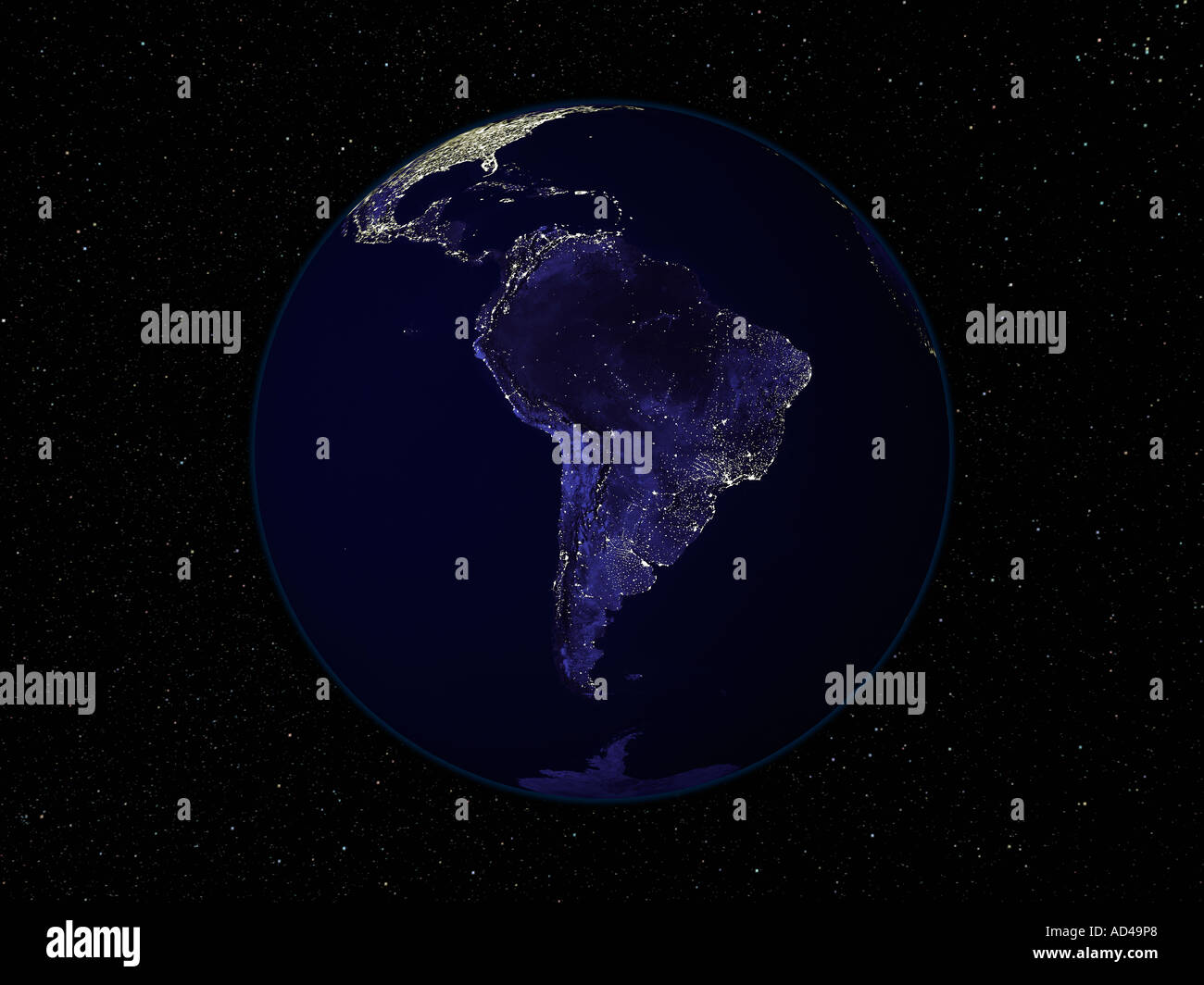 Full Earth at night showing city lights centered on South America Stock Photo