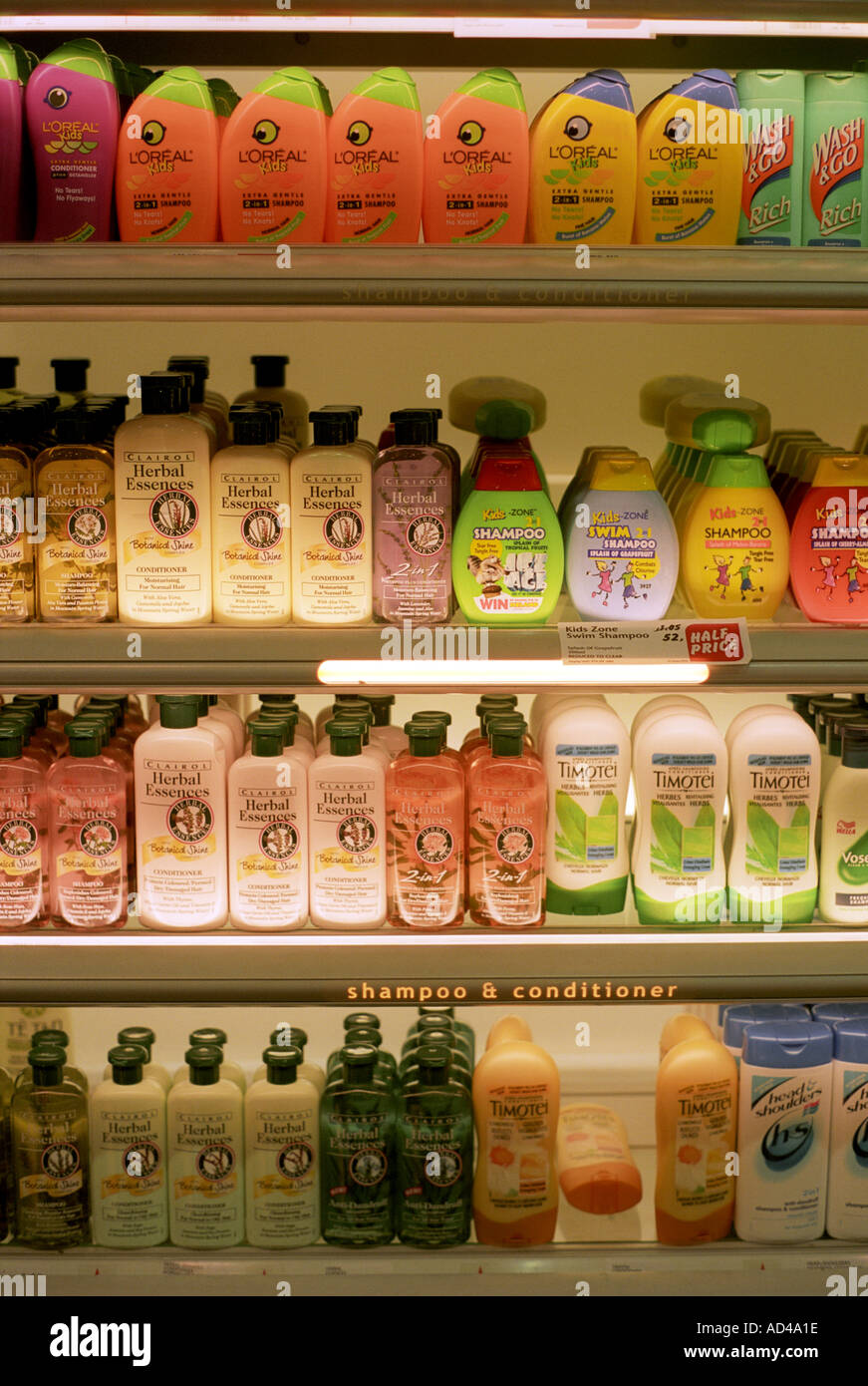 Shampoos and soaps on supermarket shelves Stock Photo Alamy