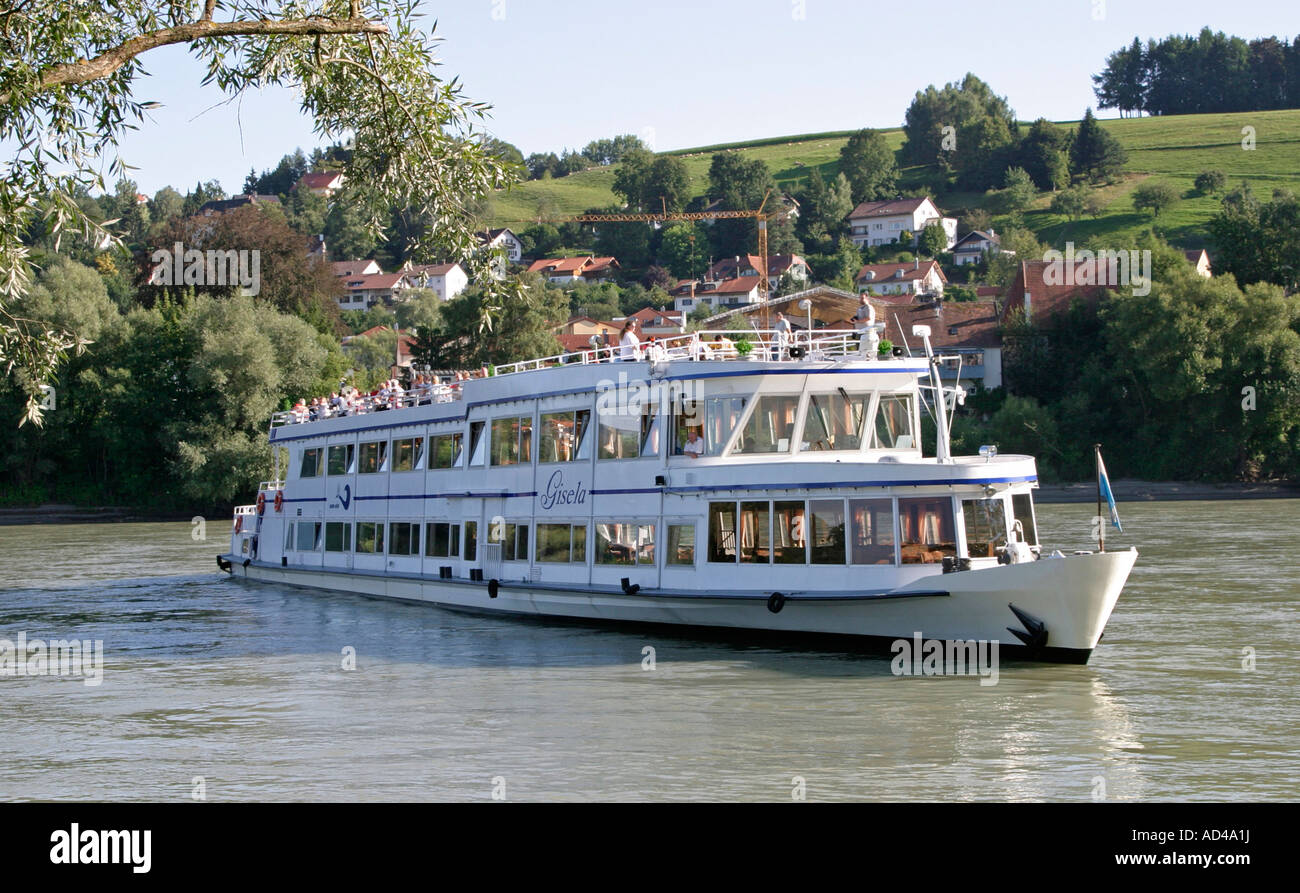 Passenger ship GISELA on river Inn near Passau, Bavaria, Germany Stock Photo
