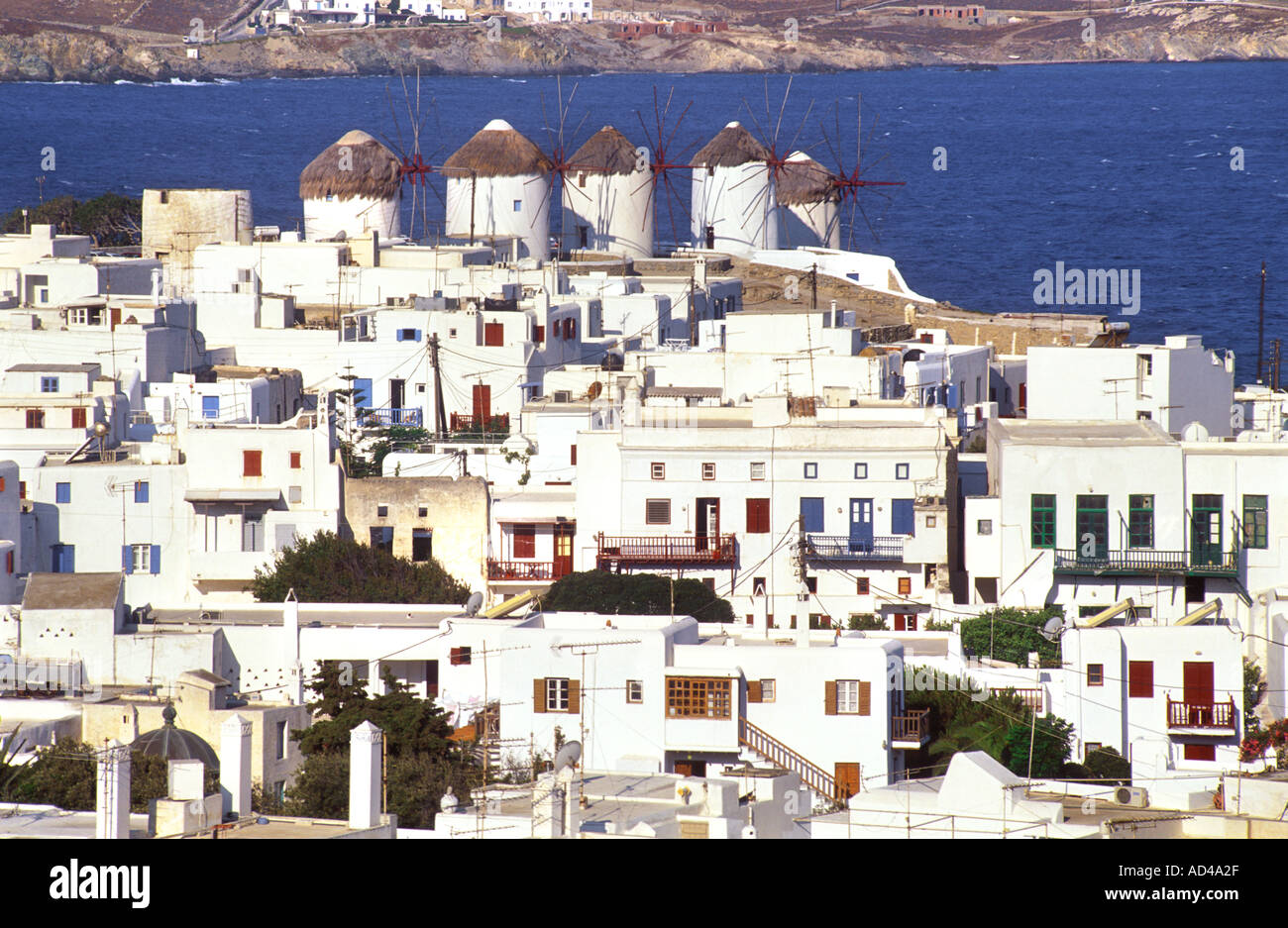 GREECE CYCLADES ISLANDS MYKONOS ISLAND MYKONOS TOWN WINDMILLS  Stock Photo