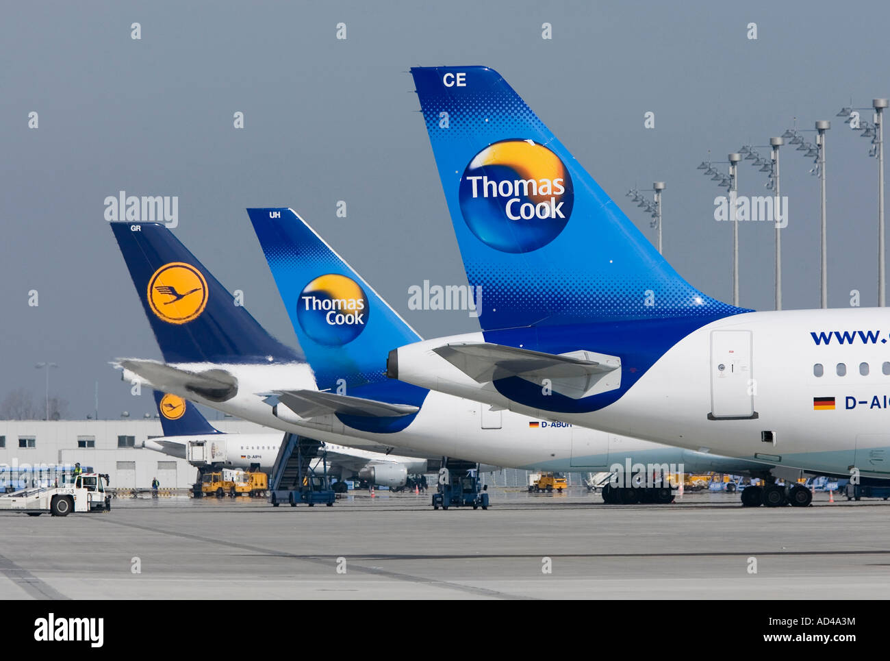 Aircrafts of Thomas Cook and Lufthansa at Munich Airport, Bavaria, Germany Stock Photo