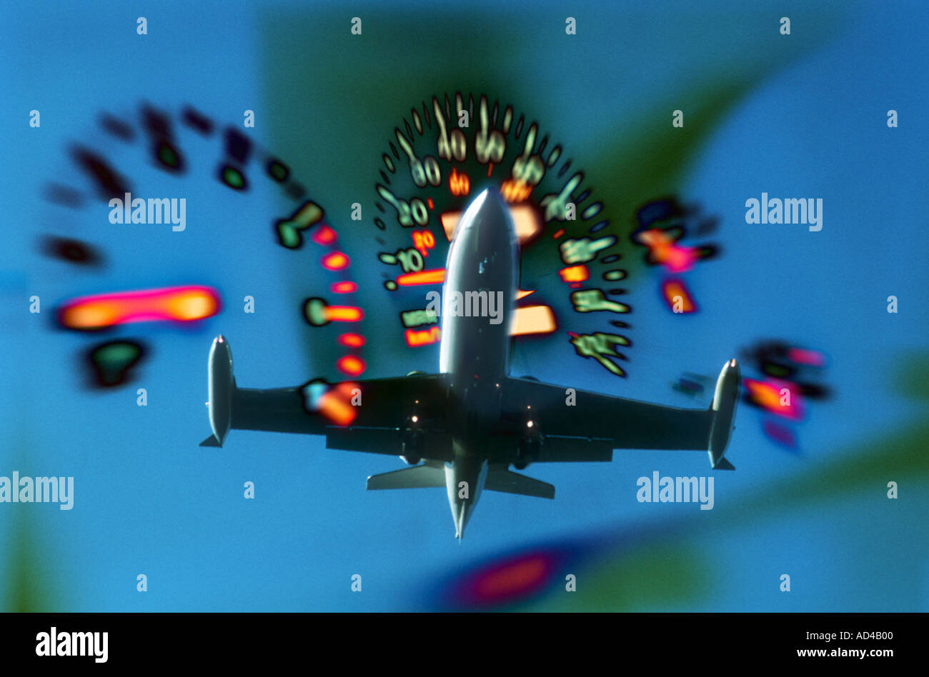 composite image of large jet airplane and instrument dials at night Stock Photo