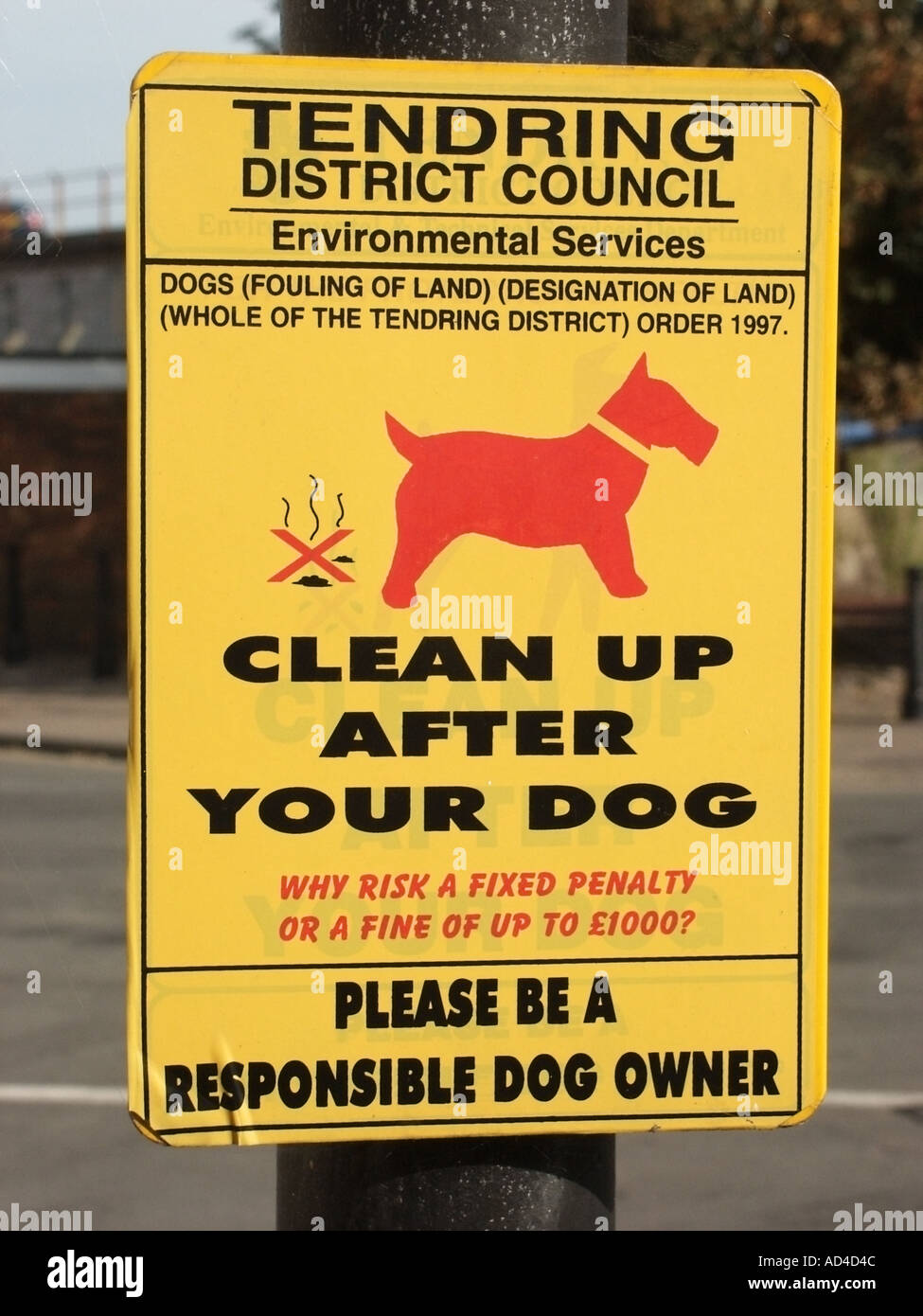 Harwich Tendring District Council notice fixed to lamp post warning dog owners not to permit dogs to foul the footpath Stock Photo