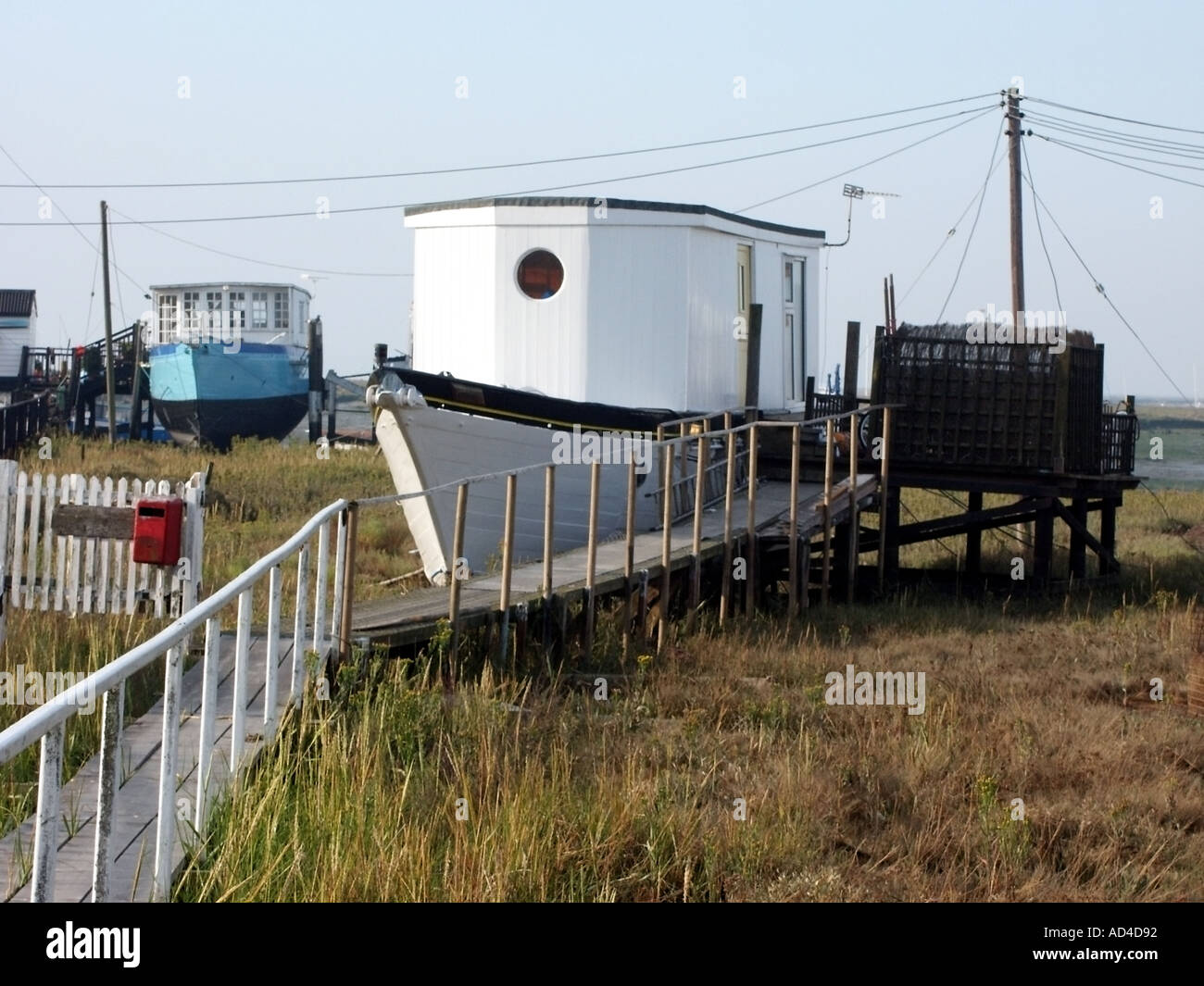 West Mersea house boats resting on grassed mud flats on shoreline of