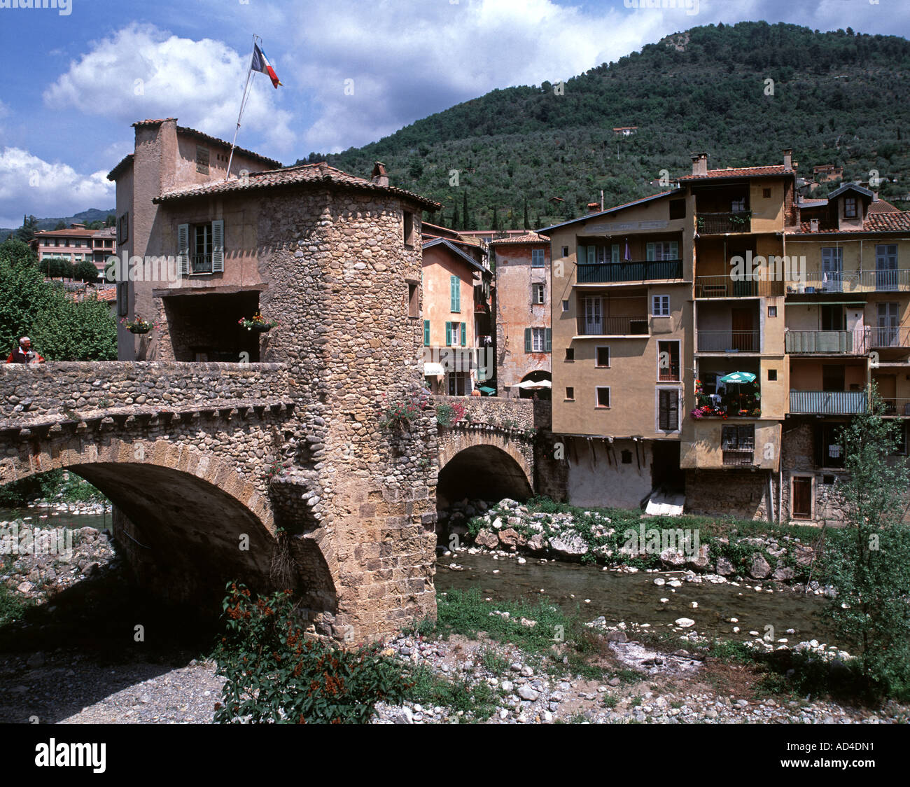 The 11th Century fortified bridge at the mountain resort of Sospel Stock Photo