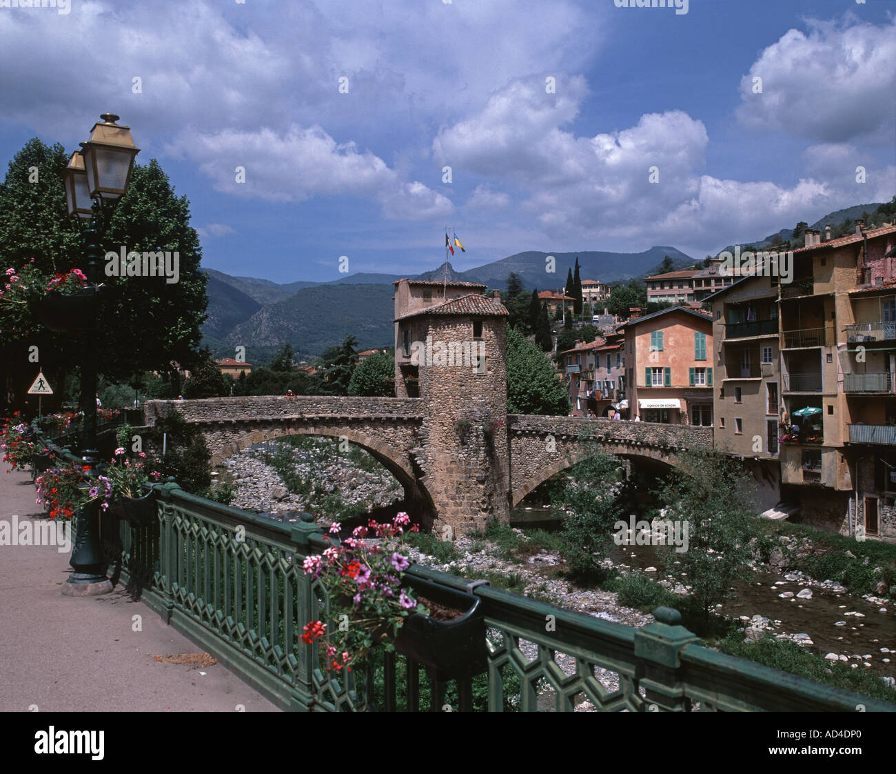 The 11th C fortified bridge at the mountain resort of Sospel Stock Photo