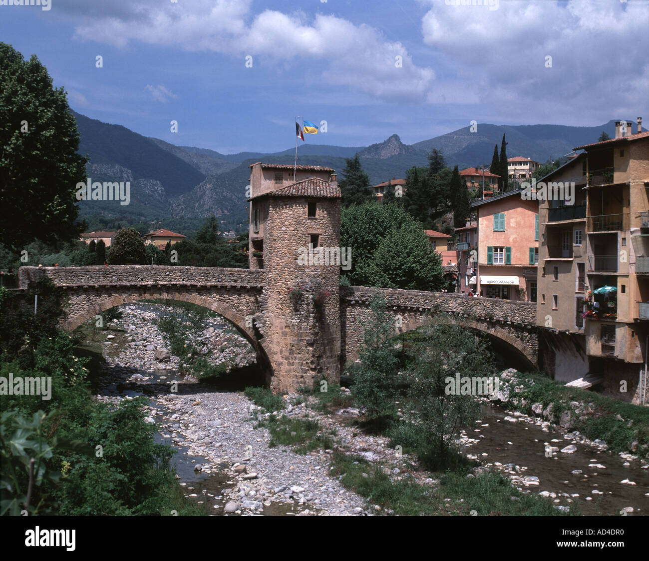 The 11th Century  fortified bridge over the River Bévéra at Sospel Stock Photo