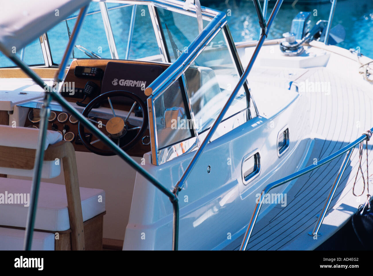 cockpit / wheelhouse of motor boat showing steering position and modern