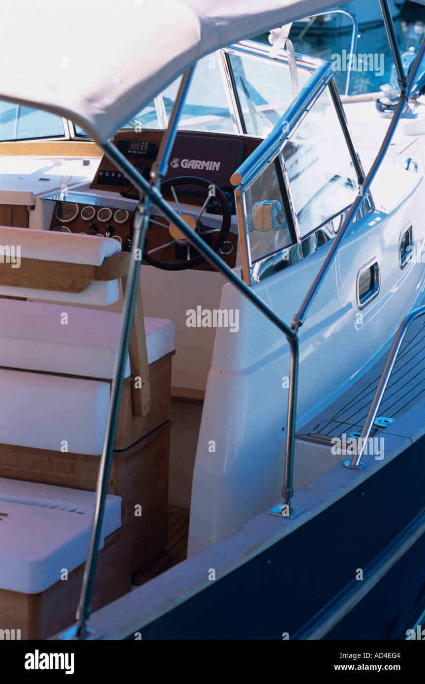 cockpit / wheelhouse of motor boat showing steering position and modern