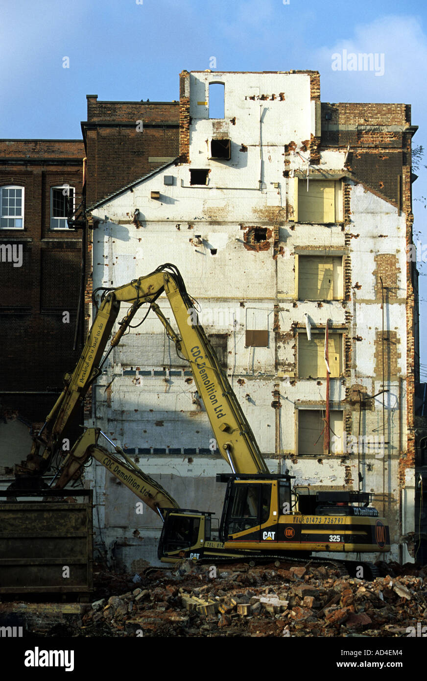 Warehouses being demolished to make way for a housing development in Ipswich, Suffolk, UK. Stock Photo