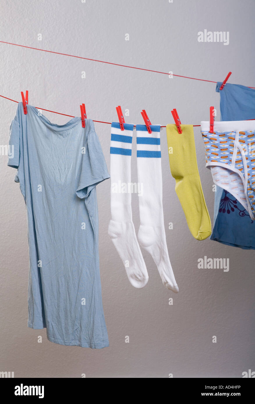 Laundry hanging on a clothes line Stock Photo