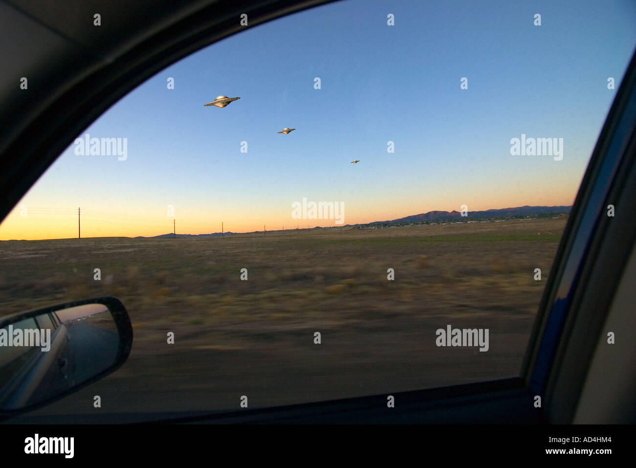 Triple UFO sighting from Car Window Stock Photo