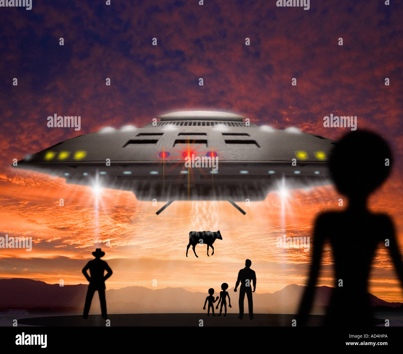 Hovering UFO Abducting a Cow as Aliens and Men in Black Look on Stock Photo
