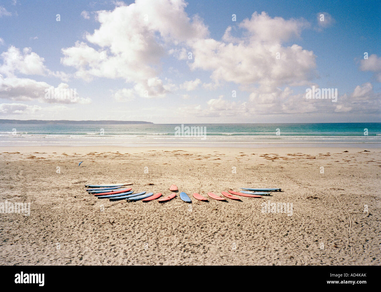 Surfboards in a row on a beach Stock Photo - Alamy
