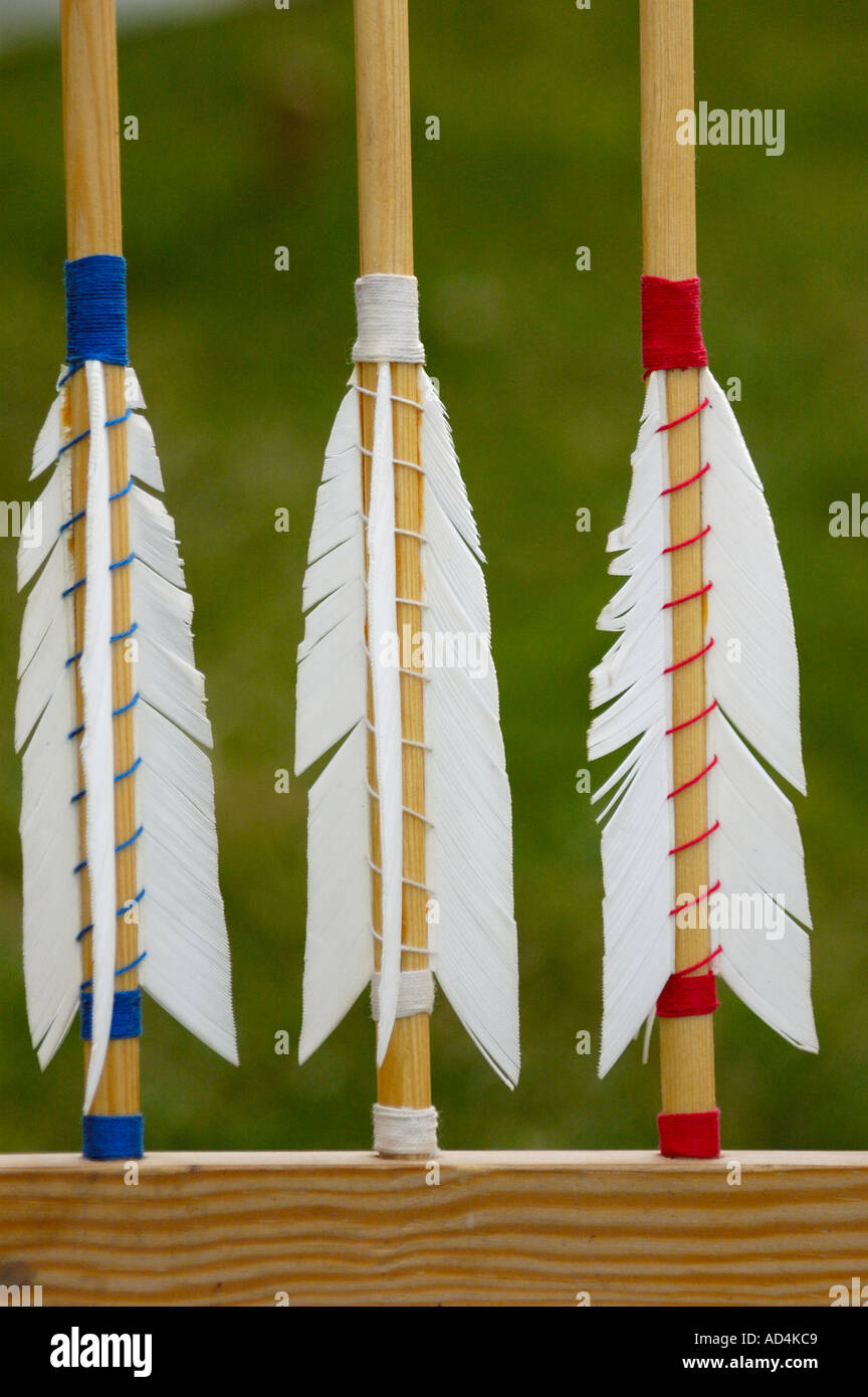 3 three feathered wooden medieval arrow stabilizers tied together with coloured thread Stock Photo