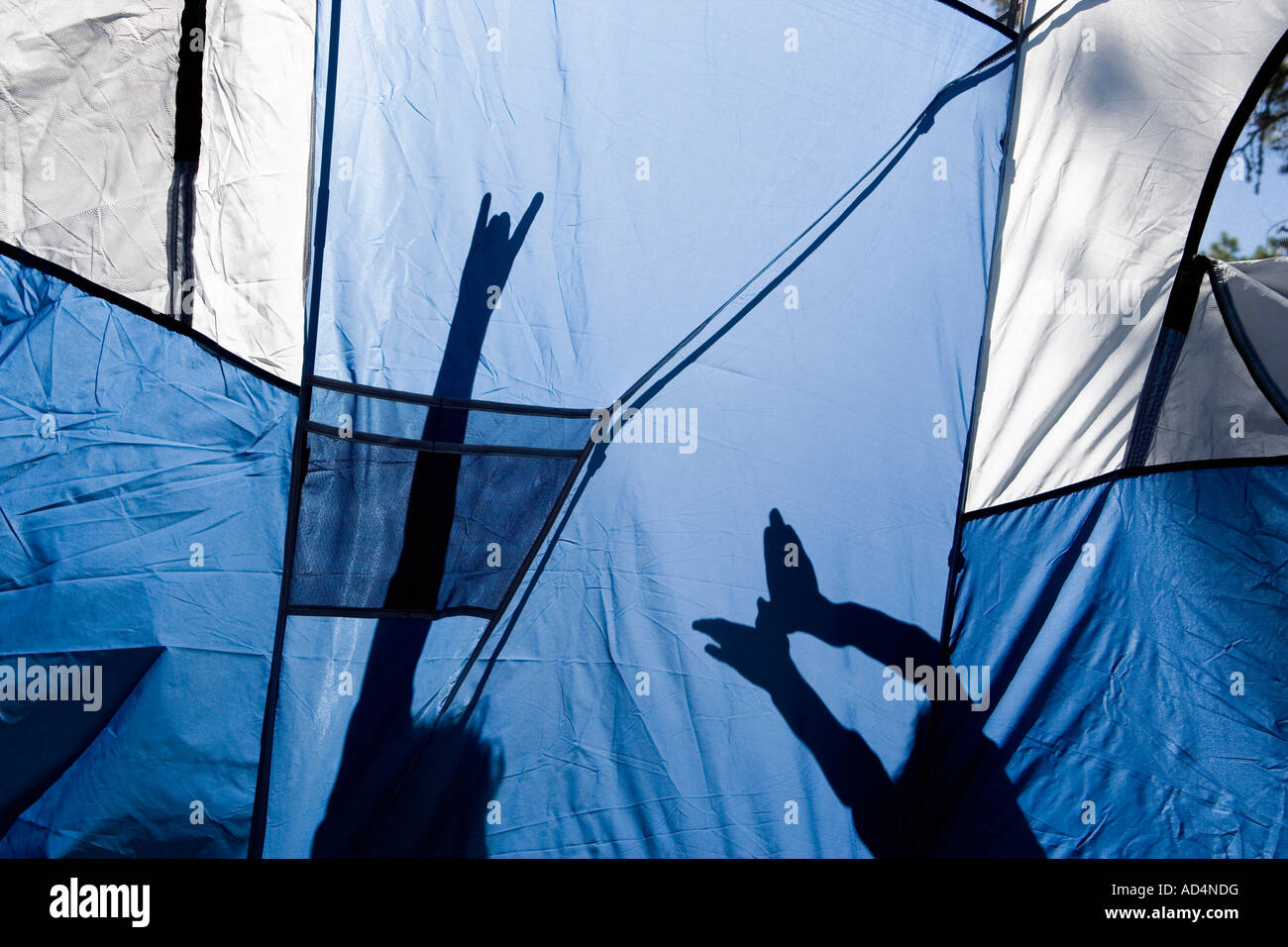 Children making shadow puppets behind a tent Stock Photo