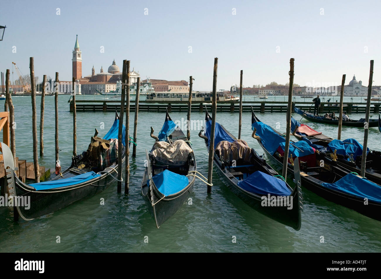 Gondolas moored in Venice Stock Photo