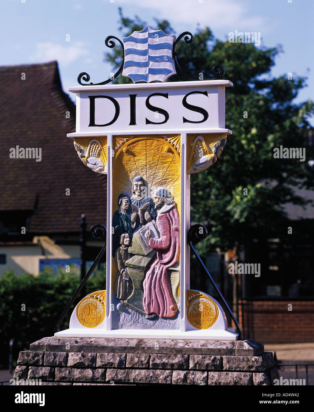Modern Town Sign in the Small Norfolk town of DISS Stock Photo