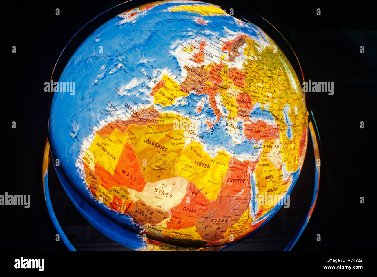 Swedish language illuminated world map globe Stock Photo