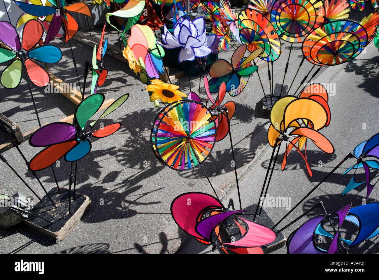 Children's windmills in street market in the Alpine resort of Arosa, near Chur, Switzerland Stock Photo