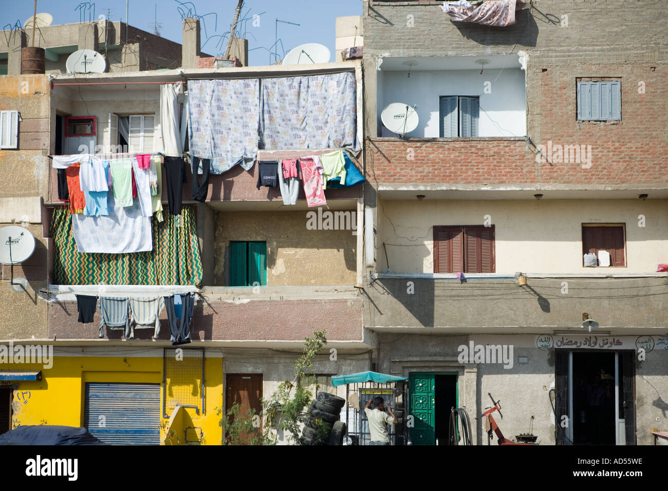 Cairo City apartment block with laundry facilities. Egypt Stock Photo