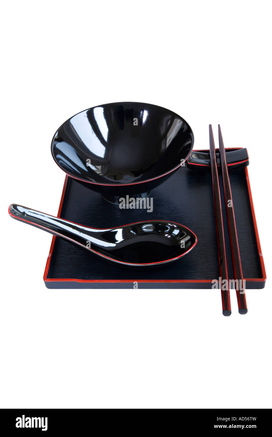 Empty black Japanese Chinese food bowl chopsticks soup spoon Stock