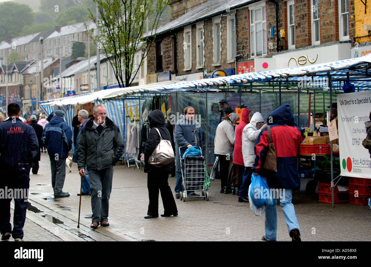 Weekly open air street market selling cheap goods and food in Ebbw Vale