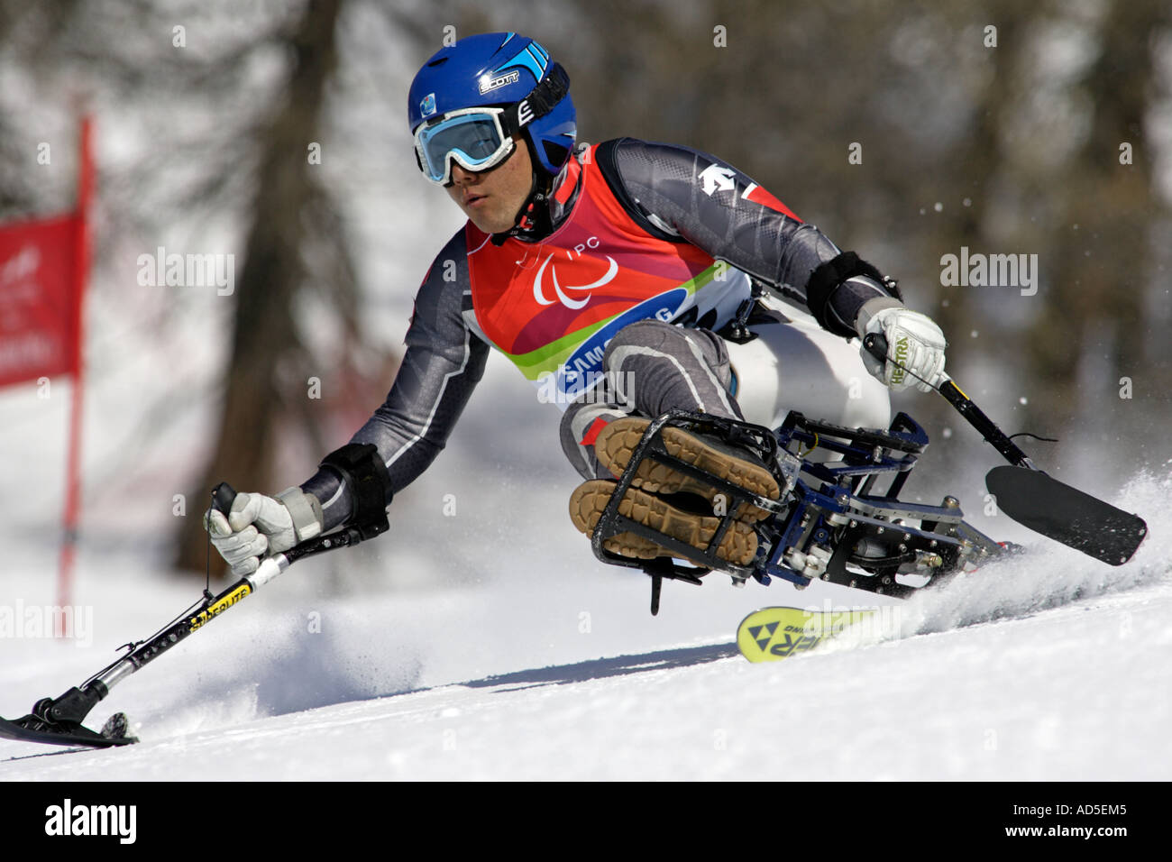 Akira Kano of Japan in the Mens Alpine Skiing Giant Slalom Sitting competition Stock Photo