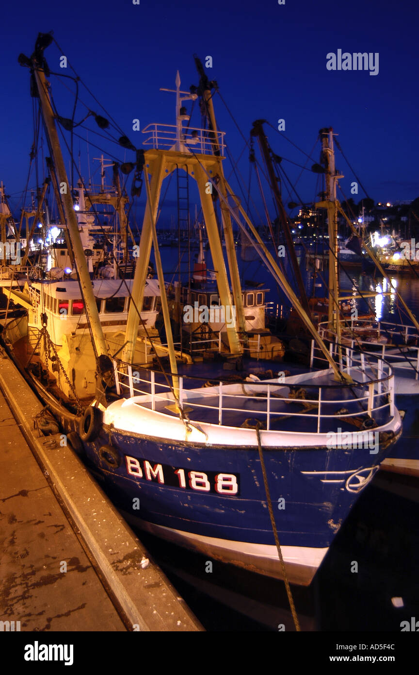 Fishing Trawler in Brixham Harbour at Night Stock Photo
