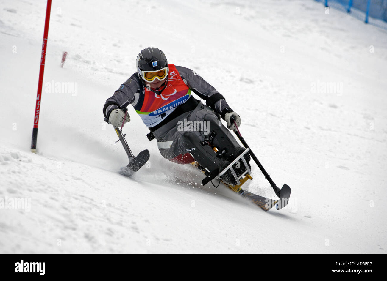 Tatsuko Aoki of Japan on her first run in the Womens Alpine Skiing Slalom Sitting competition Stock Photo