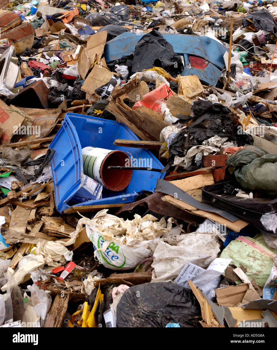 waste and rubbish products in landfill climate change fly tipping pollution Stock Photo